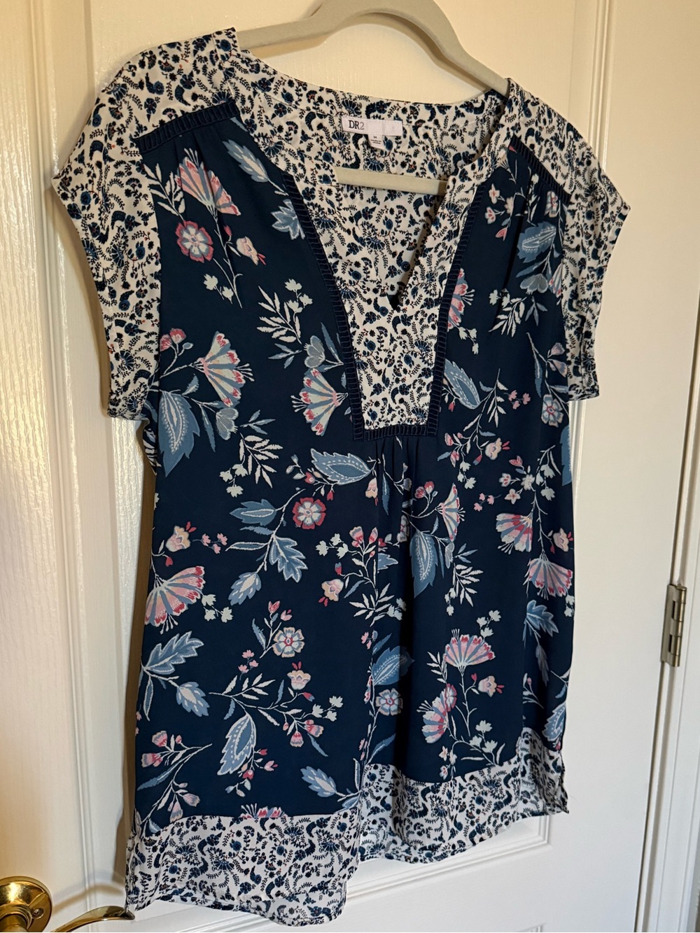 DR2 Navy Floral V-Neck Short Sleeve Blouse with Pink & Light Blue Accents